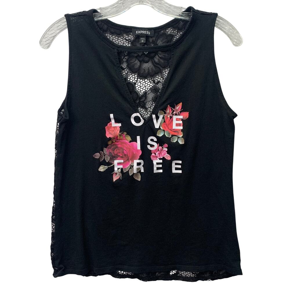 Express Womens Medium Lace Back Love Is Free Floral Tank Top Blouse